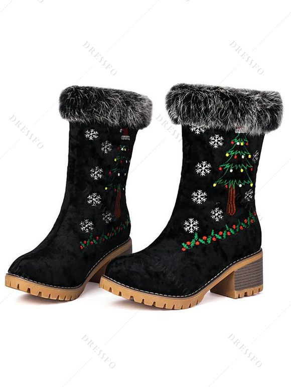 Embroideried Christmas Tree Elk Snowflake Faux Fur Chunky Heel Boots - Noir EU 37