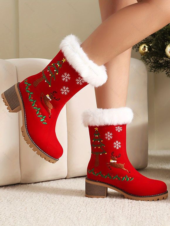 Embroideried Christmas Tree Elk Snowflake Faux Fur Chunky Heel Boots - Rouge EU 39