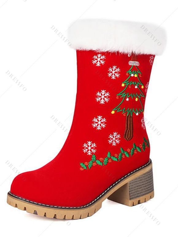Embroideried Christmas Tree Elk Snowflake Faux Fur Chunky Heel Boots - Rouge EU 39
