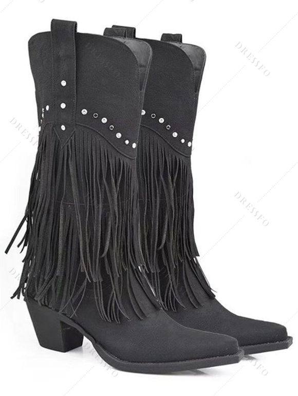Solid Color Rivet Tassel Chunky Heel Mid Calf Boots - Noir EU 42