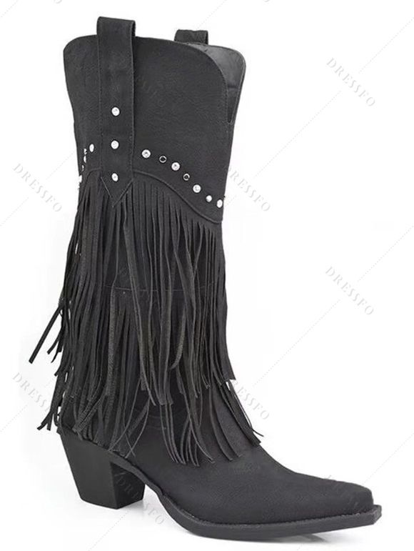 Solid Color Rivet Tassel Chunky Heel Mid Calf Boots - Noir EU 36
