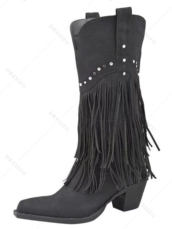 Solid Color Rivet Tassel Chunky Heel Mid Calf Boots - Noir EU 36