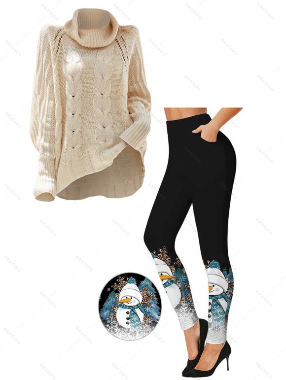 Women Outfit Cable Knit Turtleneck Sweater and Leggings Set - Beige S | US 4