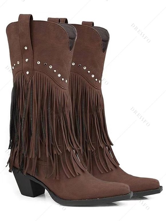 Solid Color Rivet Tassel Chunky Heel Mid Calf Boots - Brun EU 37