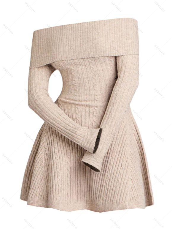 Robe en maille torsadée de couleur unie, mini-robe à manches longues et épaules dénudées - Abricot L | US 8
