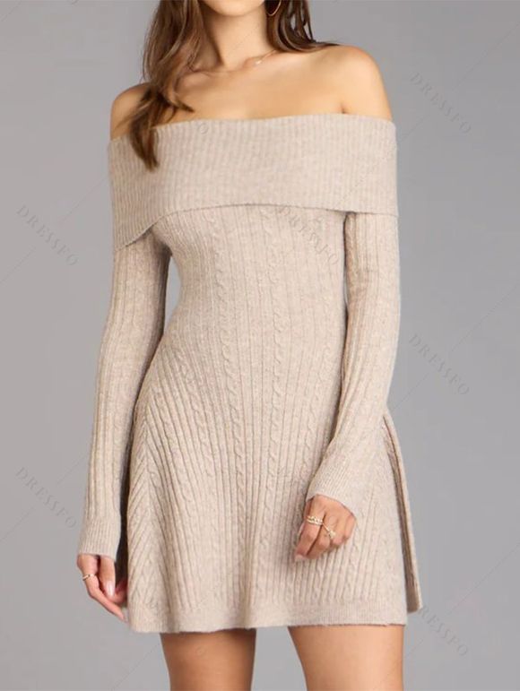 Robe en maille torsadée de couleur unie, mini-robe à manches longues et épaules dénudées - Abricot XXL | US 12