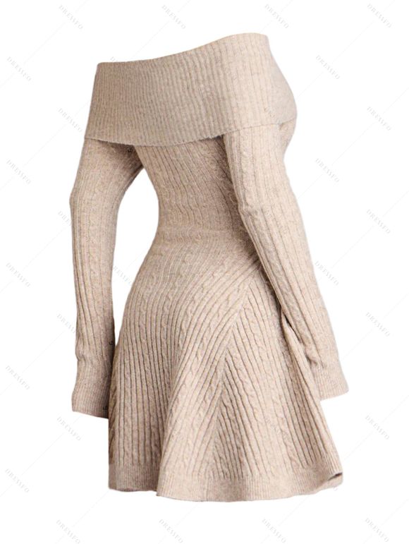 Robe en maille torsadée de couleur unie, mini-robe à manches longues et épaules dénudées - Abricot XXL | US 12