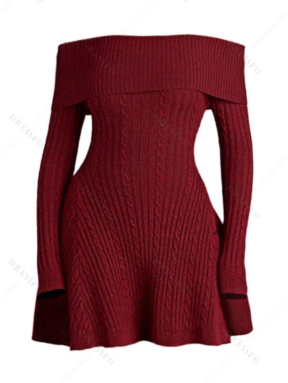 Robe en maille torsadée de couleur unie, mini-robe à manches longues et épaules dénudées - Rouge Vineux S | US 4