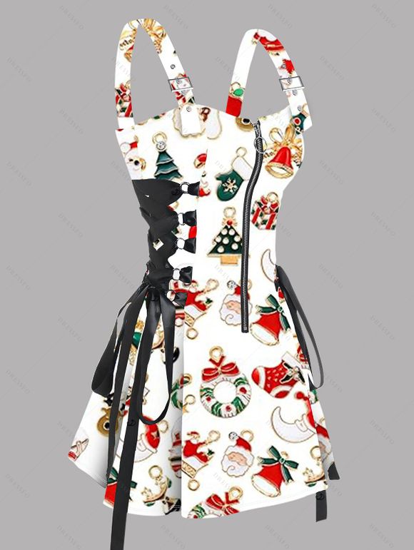 Robe de Noël à imprimé couronne de Père Noël et à lacets avec bretelles et boucle - Blanc S | US 4