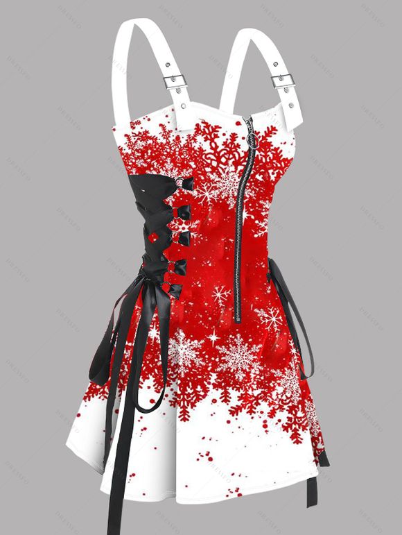 Robe de Noël à imprimé flocons de neige et blocs de couleur, bretelles à boucle et lacets - Rouge S | US 4