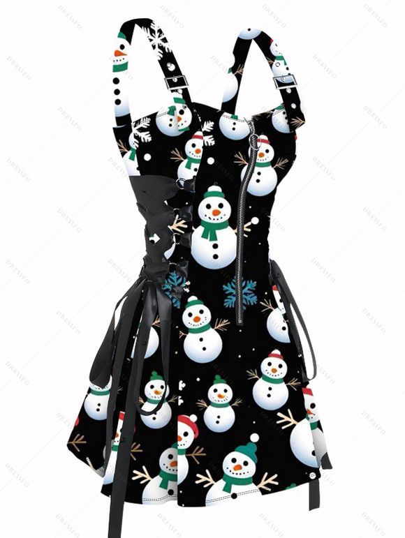 Robe de Noël à lacets et bretelles à boucle, imprimé bonhomme de neige et flocon de neige - Noir S | US 4