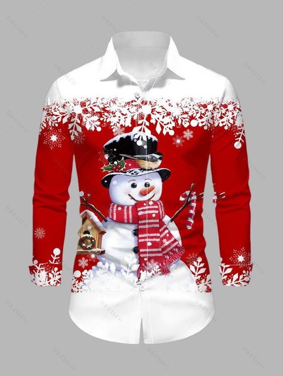 Chemise de Noël pour homme, imprimé bonhomme de neige et flocon de neige, colorblock - Rouge XXXXXL | US 20
