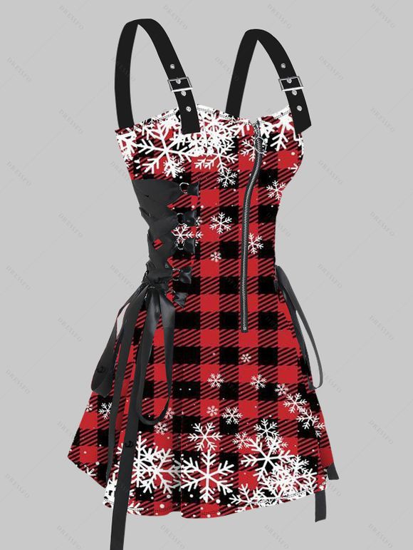 Robe de Noël à carreaux, imprimé flocon de neige, bretelles à boucle, robe à lacets - Rouge S | US 4
