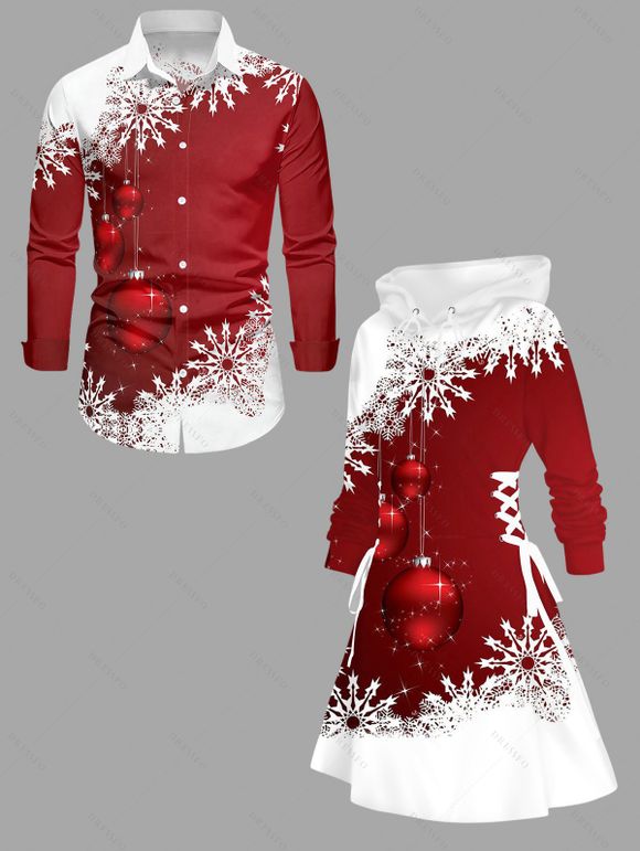 Christmas Couple Outfit Colorblock Snowflake Bell Print Dress and Shirt Set - Rouge S | US 4