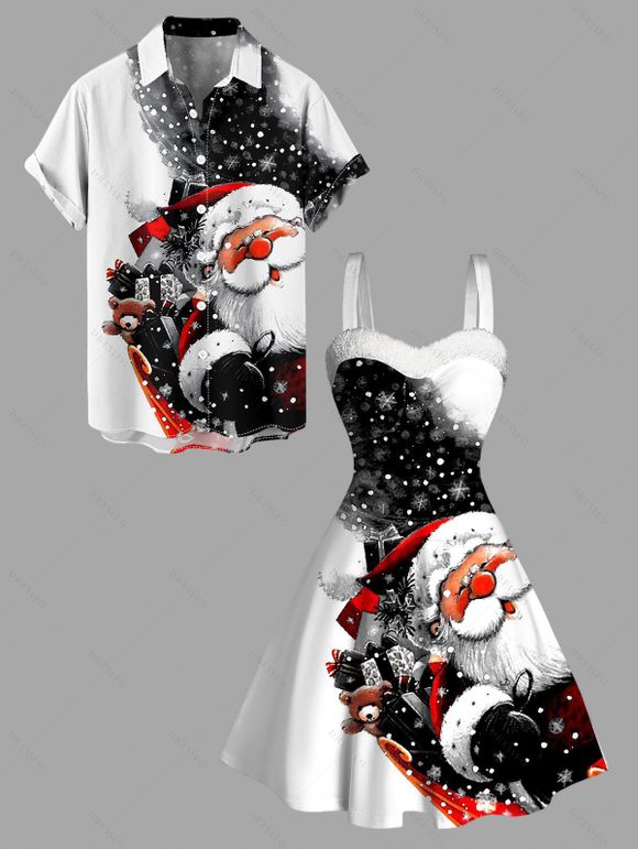Christmas Couple Outfit Snowflake Santa Claus Print Faux Fur Dress and Shirt Set - Noir S | US 4