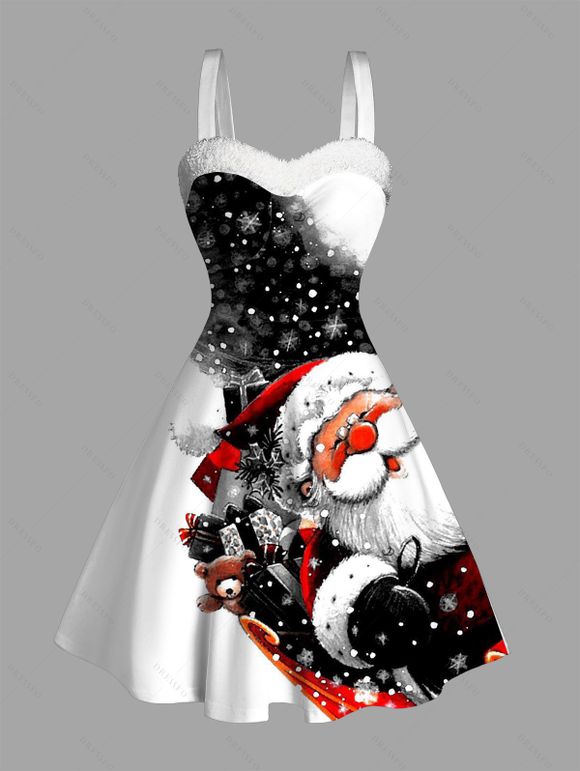 Christmas Couple Outfit Snowflake Santa Claus Print Faux Fur Dress and Shirt Set - Noir S | US 4