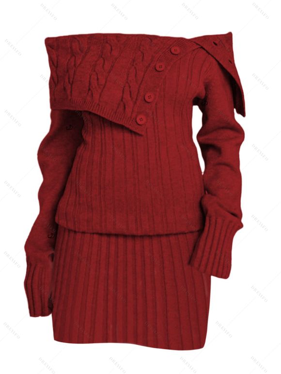 Robe pull en maille torsadée de couleur unie, robe à épaules dénudées et boutons factices - Rouge Vineux XXL | US 14