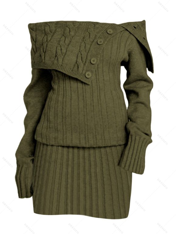 Robe pull en maille torsadée de couleur unie, robe à épaules dénudées et boutons factices - Vert Armée XXL | US 14