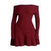 Robe en maille torsadée de couleur unie, mini-robe à manches longues et épaules dénudées - Rouge Vineux S | US 4