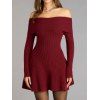 Robe en maille torsadée de couleur unie, mini-robe à manches longues et épaules dénudées - Rouge Vineux S | US 4