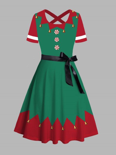 Robe de Noël à imprimé tourbillon colorblock, boutonnage sur le devant, ceinture croisée