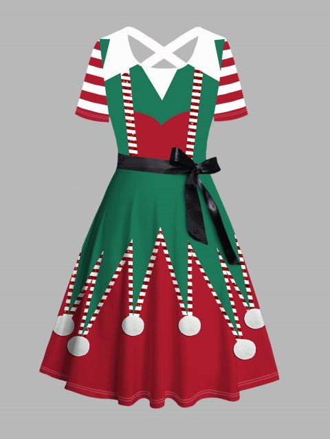Robe de Noël rayée, imprimé 3D, colorblock, ceinture croisée