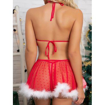 Christmas Lingeries Set Polka Dot Faux Fur Halter Bra and Skirt Set