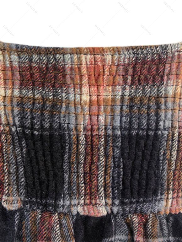 Ensemble de Haut Court Vintage Croisé en Tricot à Câble et de Mini Robe à Carreaux à Taille Haute Deux Pièces - café XXL