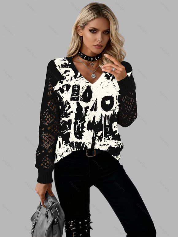 Pull gothique à imprimé colorblock et col en V ajouré - Noir XL | US 12