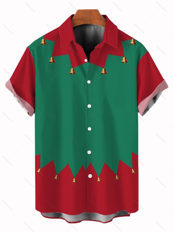 Chemise de Noël pour homme, boutonnée, imprimé géométrique et colorblock, motif cloche - Vert profond 5XL