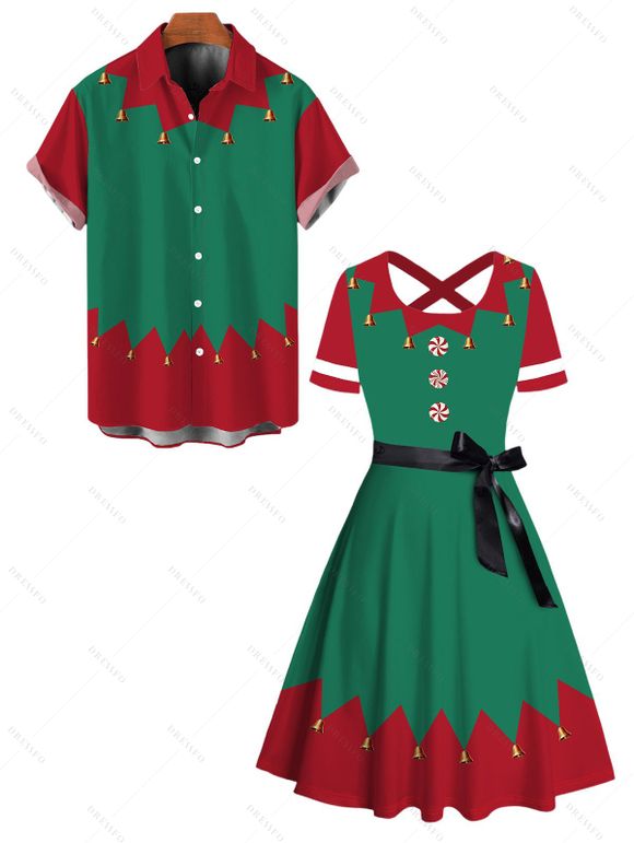 Christmas Couple Outfit Colorblock Crossover Belt Dress and Shirt Set - Vert profond S | US 4