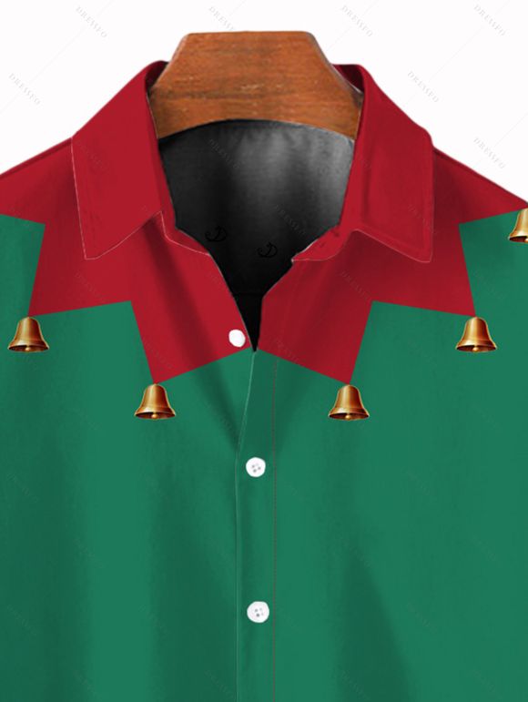 Chemise de Noël pour homme, boutonnée, imprimé géométrique et colorblock, motif cloche - Vert profond 2XL
