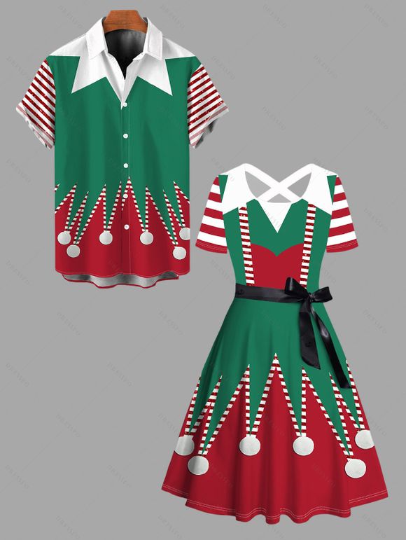 Christmas Couple Outfit Striped Print Colorblock Crossover Belt Dress and Shirt Set - Vert profond S | US 4