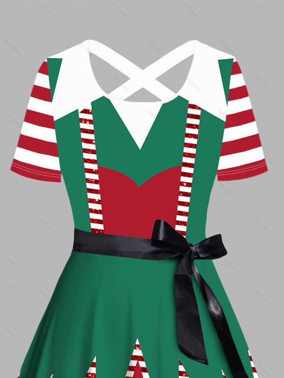 Christmas Couple Outfit Striped Print Colorblock Crossover Belt Dress and Shirt Set - Vert profond S | US 4