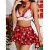 Ensemble de lingerie de Noël avec empiècement en dentelle, imprimé flocon de neige à carreaux, soutien-gorge à nœud et jupe - Rouge XL | US 12