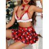 Ensemble de lingerie de Noël avec empiècement en dentelle, imprimé flocon de neige à carreaux, soutien-gorge à nœud et jupe - Rouge XL | US 12