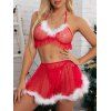 Ensemble de lingerie de Noël, soutien-gorge et jupe licou en fausse fourrure à pois - Rouge XL | US 12