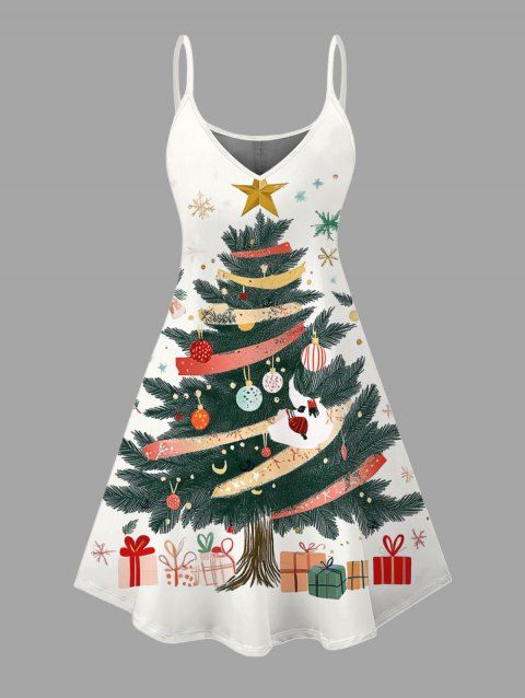 Robe de vacances à bretelles spaghetti avec imprimé sapin de Noël et flocons de neige