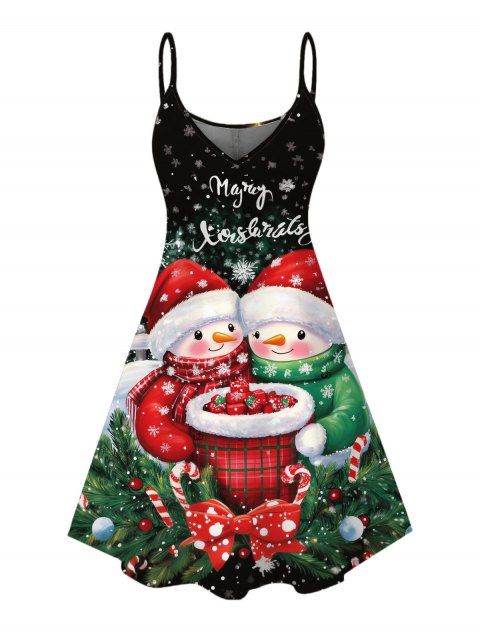 Robe de Noël à bretelles spaghetti et imprimé flocon de neige et bonhomme de neige