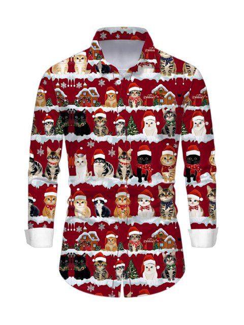 Chemise de vacances pour homme, imprimé arbre de Noël, chat et chapeau, manches longues