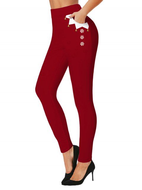 Leggings de Noël Colorblock Bell 3D Print Pocket Skinny Leggings