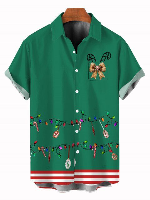Chemise de Noël pour homme, boutonnée, à imprimé rayé et nœud papillon, motif canne à sucre