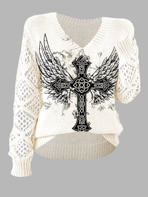 Pull gothique à col en V ajouré avec imprimé papillon et ailes croisées