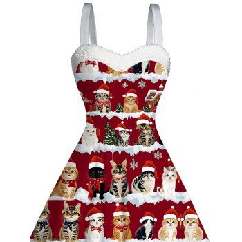 Holiday Dress Christmas Tree Cat with Hat Print Faux Fur Dress