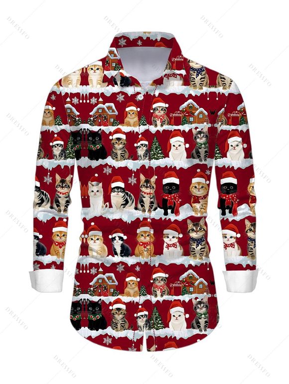 Chemise de vacances pour homme, imprimé arbre de Noël, chat et chapeau, manches longues - Rouge 5XL