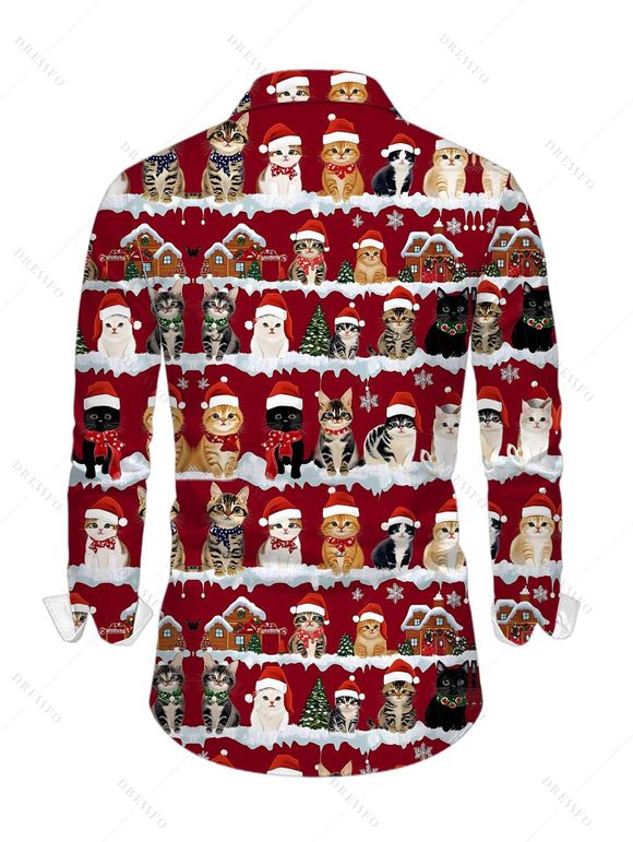 Chemise de vacances pour homme, imprimé arbre de Noël, chat et chapeau, manches longues - Rouge 5XL