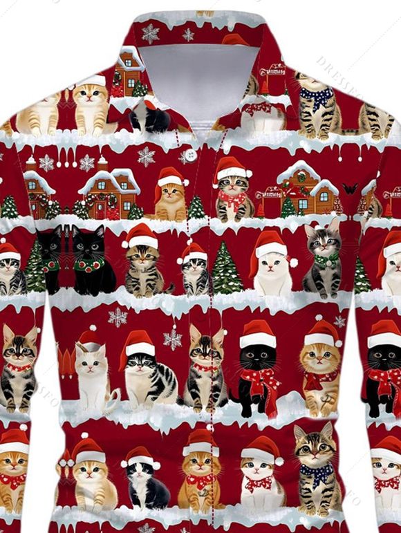Chemise de vacances pour homme, imprimé arbre de Noël, chat et chapeau, manches longues - Rouge 5XL