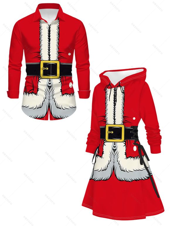Christmas Couple Outfit 3D Print Lace Up Hoodie Dress and Shirt Set - Rouge S | US 4