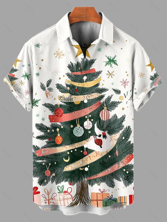 Chemise de vacances pour homme, chemise boutonnée à imprimé sapin de Noël et flocon de neige - Blanc de Crème M