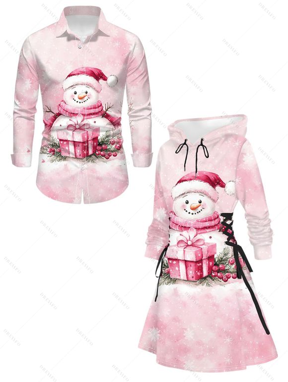 Christmas Couple Outfit Snowman Snowflake Print Tie Dye Hoodie Dress and Shirt Set - Rose S | US 4